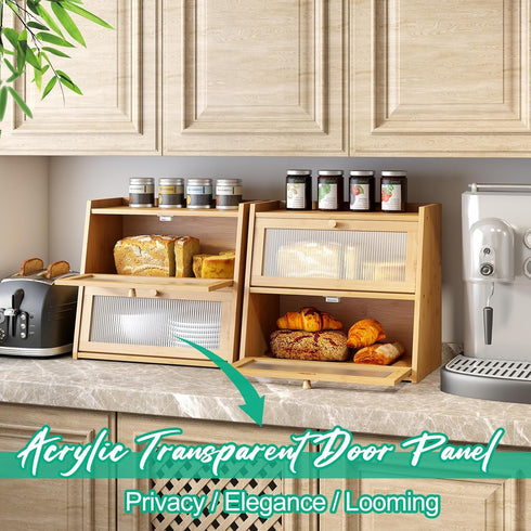 kiplant Counter, Large Bamboo Bread Box, Double Layer Bread Box for Kitchen Bamboo Bread Storage Container with Wavy