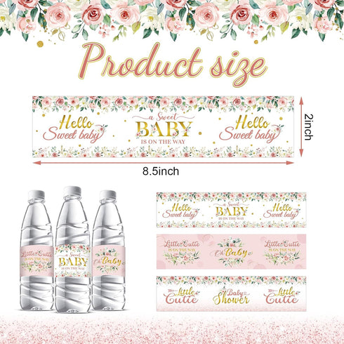 Colarr 72 Pcs Pink Baby Shower Water Bottle Labels Pink Gold Flower Water Bottle Wrappers Stickers Waterproof Self