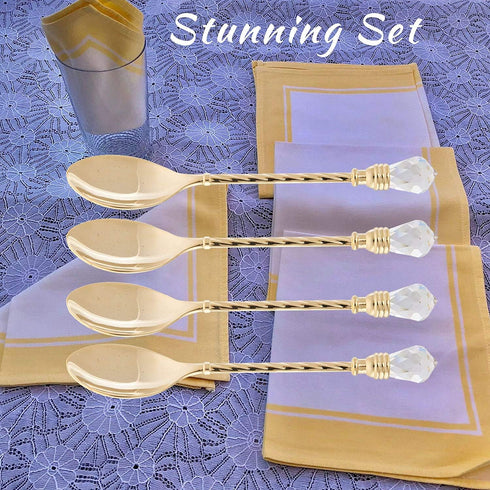 Matashi 24K Gold Plated Crystal Topped Dessert Spoon Set of 4 for Dinner Party, Corporate Gifts, Dining Decor