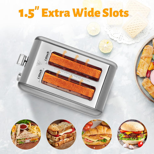 HealSmart 2 Slice Stainless Steel Toaster, Extra Wide Slot, Removable Crumb Tray, Retro Compact Oven, Silver