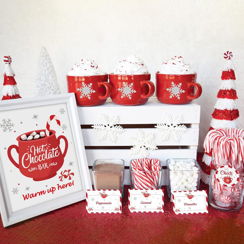 Hot Cocoa Bar Supplies Christmas Hot Cocoa Bar Banner Snowflake Red Hot Chocolate Bar Sign Toppings Labels Cup Tags