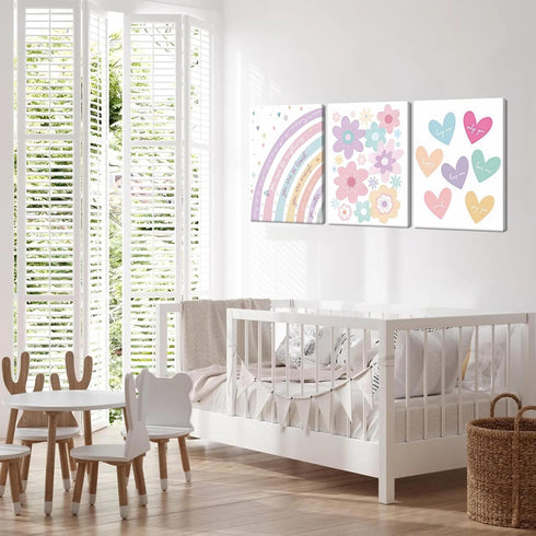 3 12x16in Pieces Nursery Boho Wall Art, Framed Cartoon Rainbow Canvas Prints, Colorful Heart Wall Decor, Cute Flower