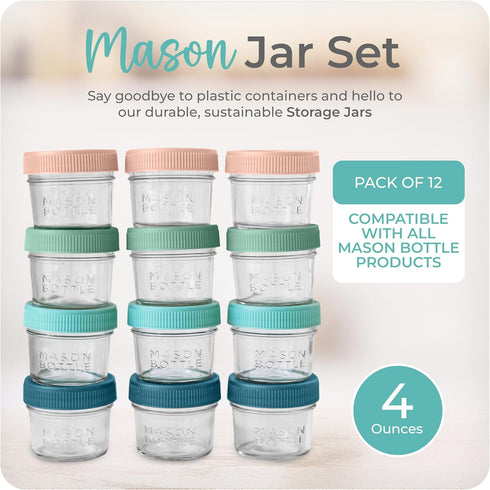 4oz (12-Pack) Mason Bottle Breast Milk Storage Jars Reusable Glass Baby Food Containers with Lid for Baby Formula