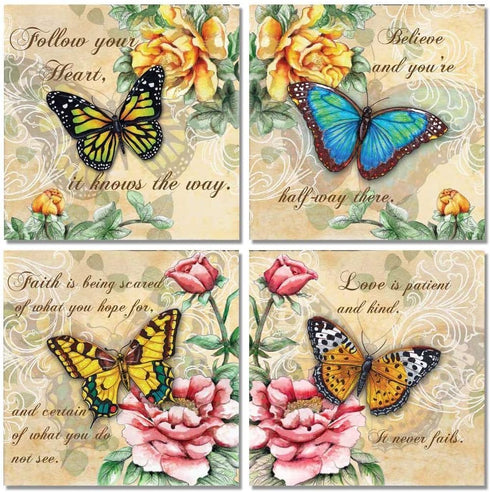 4 Beautiful Butterflies and Flowers Inspirational Quotes Art Prints 12x12