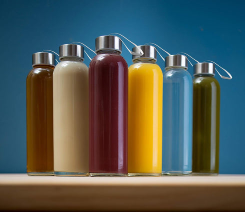 Epica Glass Bottles with Lids – 18oz Reusable Juice Water Bottles, Durable Set of 6 with Carrying Loop Caps
