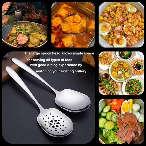 X-Large Serving Spoons Set - 9.8 Inch Slotted Spoon and Serving Spoon, 18/8 Stainless Steel Cooking Utensils, Pack of 2