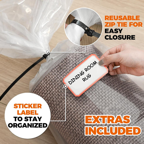 Heavy Duty Rug Storage Bag - Waterproof Plastic Cover for Rolled Carpet Up to 6 x 9 Feet, 4 Mil Thick - 1 Clear Bag, 92