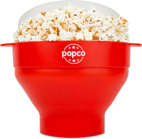 POPCO Microwave Popcorn Bowl - Silicone Snack Popper with Handles, Collapsible Design, Dishwasher Safe (Red)