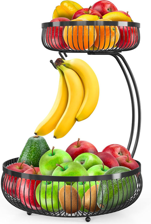 Simple Houseware 2-Tier Countertop Fruit Basket with Banana Hanger, Black