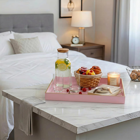 MaAixHom 15.8" 11.8" Counter, x Pink Decorative Serving Tray with Gold Trim and Handles, Sturdy Rectangular Ottoman