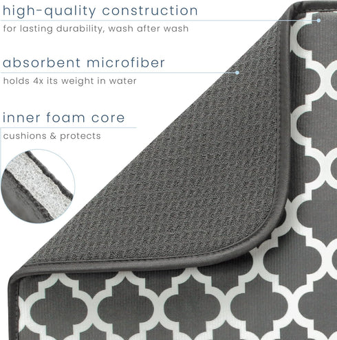 S&T INC. XL Dish Drying Mat 18” x 24” Absorbent Microfiber Kitchen Counter Pad in Pewter Grey Trellis