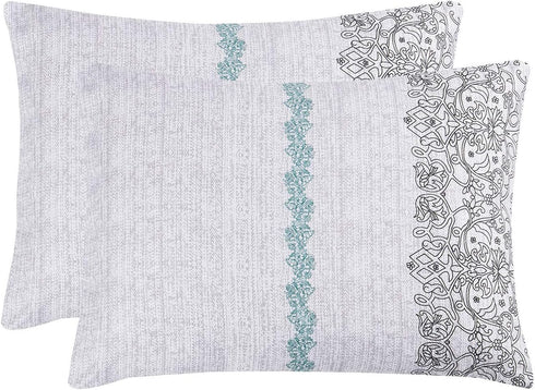 Wake In Cloud Bohemian Pillow Cases, Set of 2 Soft Reversible Pattern Printed Pillow Shams, Teal Gray, Standard Size