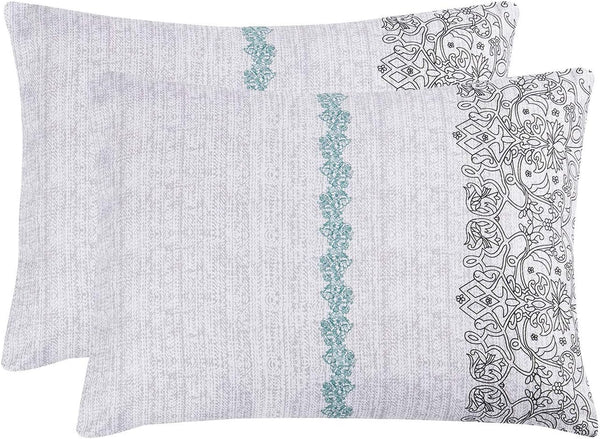 Wake In Cloud Bohemian Pillow Cases, Set of 2 Soft Reversible Pattern Printed Pillow Shams, Teal Gray, Standard Size
