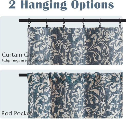 jinchan Floral Valance Curtain for Kitchen, Living Room, Vintage Flower Blue Valance, Room Darkening Window Treatment,