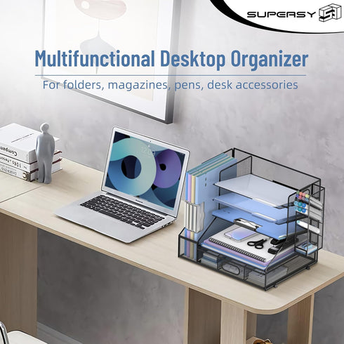 SUPEASY Desk Organizer, 5-Tier Mesh Paper Letter Tray with File Holder, Drawer, and 3 Tilted Sorter, Black