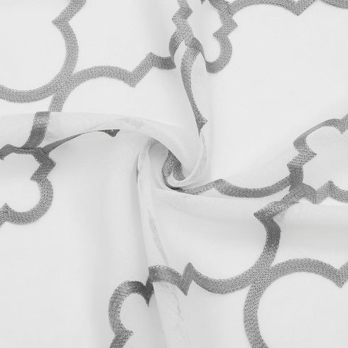 Moroccan Embroidered Semi Sheer Curtains, 108" Long Linen Textured Grey White Geometric Drapes for Living Room