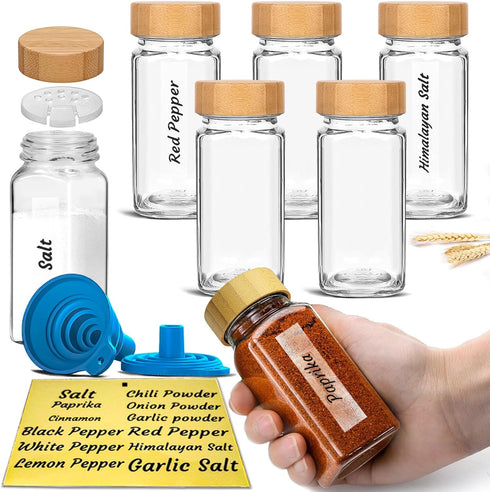Glass Spice Jars with Bamboo Airtight Lids, 6 Pack, 4 oz Square Bottles with Shaker Lids