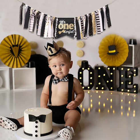 First/1st WAOUH Mr Onederful High Chair Banner - Birthday Decoration for Boy,Theme Garland for Birthday Party,Photo