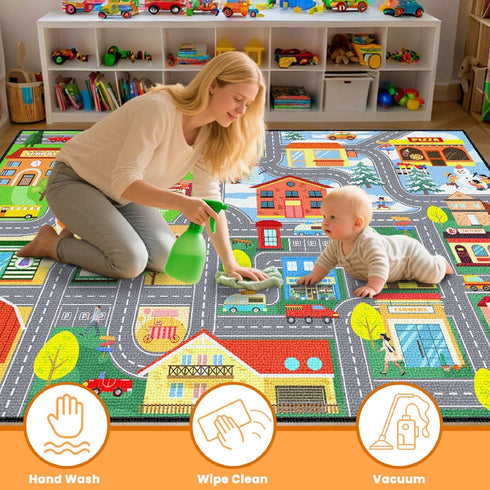 2.5x4 Car Rug for Kids Playroom - Road Rug for Boys Room Kids Play Mat with Road Tracks Car Play Mat, Feet