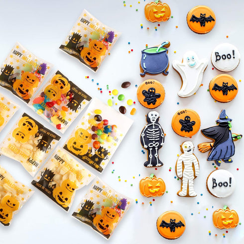 Boao 100 Pieces Clear Halloween Treat Bags, Self Adhesive Candy Bags Bulk Pumpkin Cellophane Plastic Cookie Pouch for