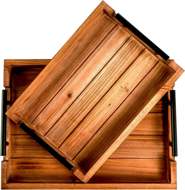 Coffee Table Tray Decorative Nested Vintage Wood Serving Tray Set for Eating,