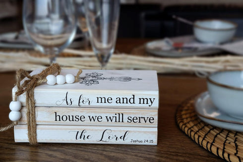 As for Me and My House We Will Serve the Lord Decor - Rustic Wood Decorative Books Stack for Home Coffee Table