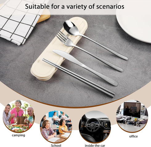 INKULEER Travel Cutlery Set, 18/8 Stainless Steel Reusable Utensils with Case, Portable Silverware Lunch Box (Silver)