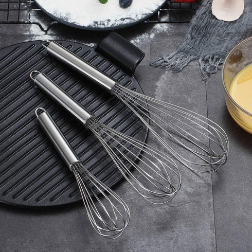 Berglander Whisk Set Pack of 3, Stainless Steel Cooking Whisks 8", 10", 12" Wire Balloon Whisk (Silver)