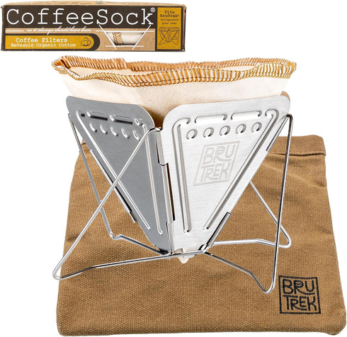 BruTrek Collapsible Pour Over Camping Coffee Maker - Stainless Steel Travel Brewing Kit with Reusable Filters