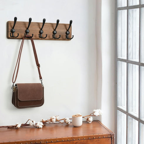 WEBI Rustic Coat Rack Wall Mount, Solid Wood Coat Hooks, 16" Hole to Hole, 5 Triple Hooks for Hanging Coats