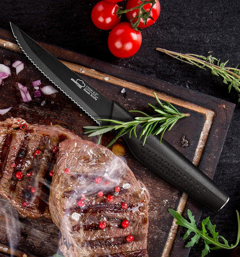Set of 8 Stainless Steel Steak Knives, Serrated and Dishwasher Safe, Elegant Black Design