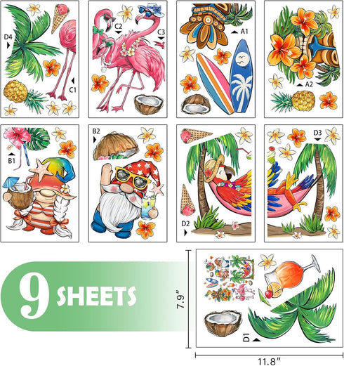 Mfault Summer Gnome Window Clings 9 Sheets, Tropical Tiki Flamingo Parrot Birds Palm Tree Stickers Decal Decorations, Hawaii Surfboard Hibiscus Flower Seasonal Home Kitchen Decor