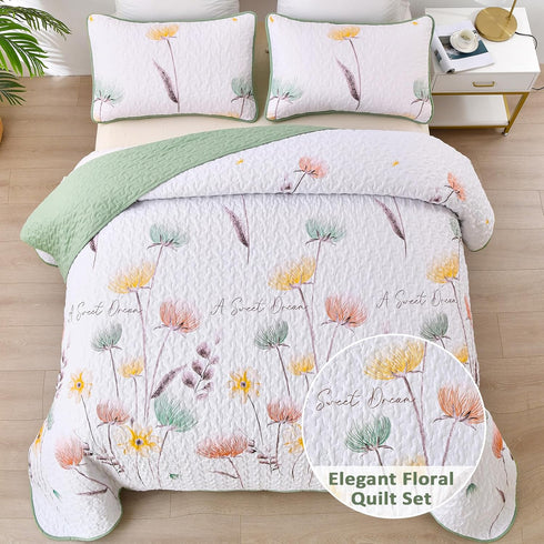 Set 2 Set Sets 68"x86" Dinjoy Floral Quilt Twin Size,Sage Green Bedspreads for Girls Pieces Cute Botanical Bedding
