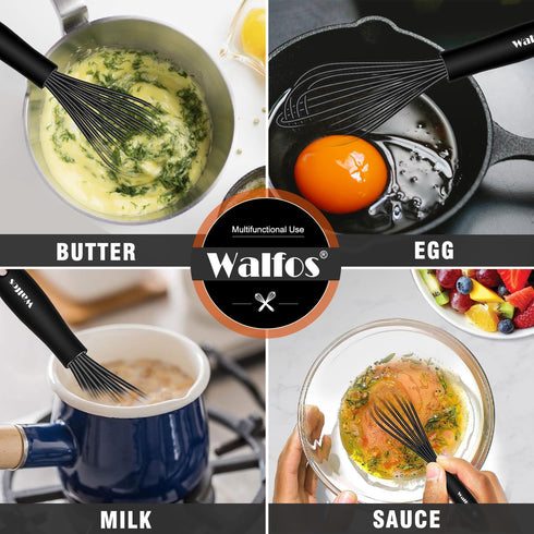 Walfos Silicone Whisk, 7+9in Mini Whisks for Non-Scratch Cookware, Perfect for Whisking, Beating, Blending, Black