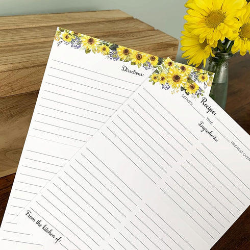 321Done Folding Recipe Cards Set of 50, Sunflowers on White, Retro Vintage Wedding Baby Bridal Shower Party