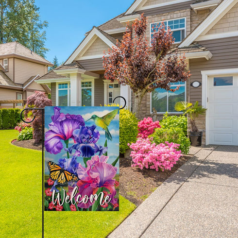 Welcome Spring Hummingbird Iris Garden Flag, Double Sided Purple Flower Bird Yellow Butterfly Outdoor Decor, 12x18