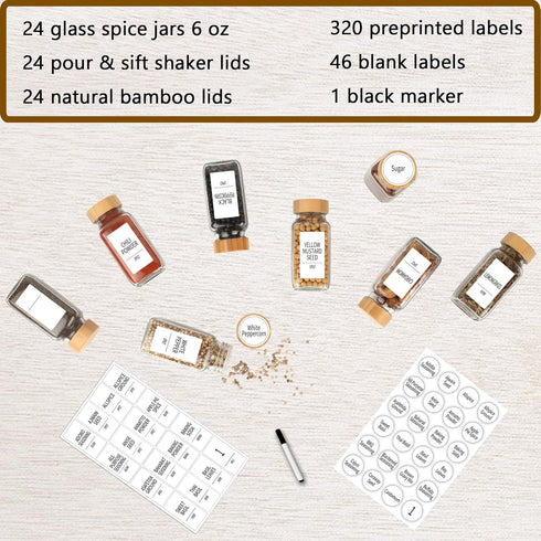 SWOMMOLY 24 366 6 oz Glass Spice Jars with Labels, Spice Jars with Bamboo Lids, Empty Bottles with Shaker Lids, Spice