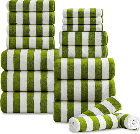18 Pcs Green Stripe Bath Towel Set with Hanging Loop-6 Bath Towels,6