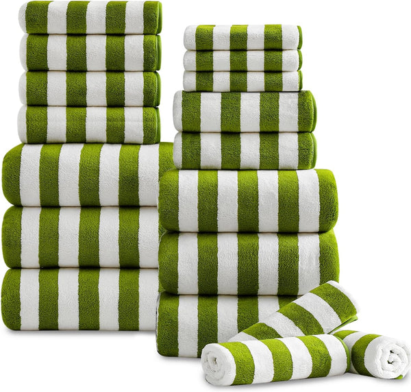 18 Pcs Green Stripe Bath Towel Set with Hanging Loop-6 Bath Towels,6