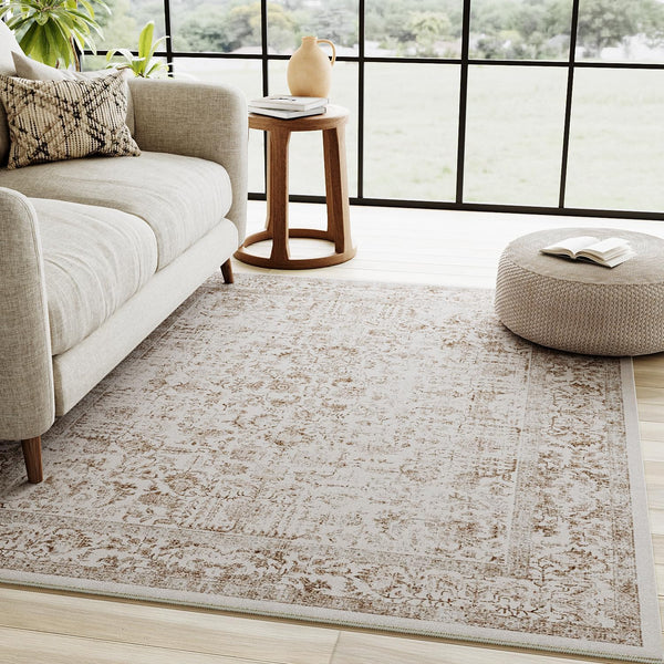 Light Brown Area Rug 3x5, Vintage Indoor Entryway Carpet, Washable Distressed Floral Door Mat for Living Room
