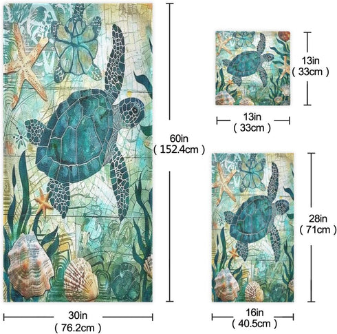 Vdsrup Set 3 Vintage Ocean Turtle Towels of Sea Starfish World Map Hand Towel Bath Towel Washcloth Soft Thin Face Guest