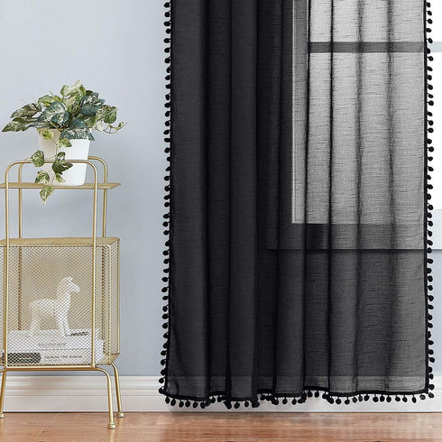 Treatmentex Black Pom Pom Sheer Curtains for Bedroom, 63" Linen Texture Decorative Voile Panels (2 Pack)