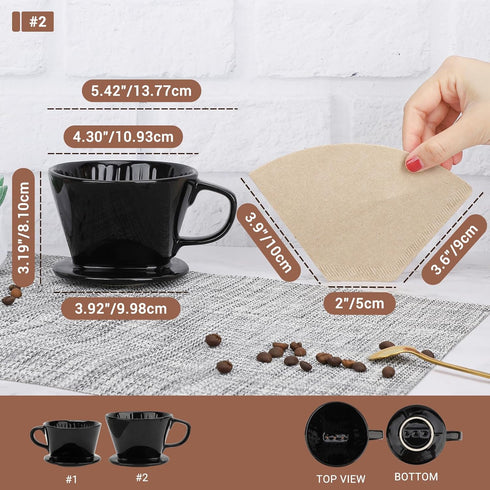 Segarty Black Ceramic Pour Over Coffee Dripper Set, Single Cup with 200PCS Size #2 Cone Coffee Filters