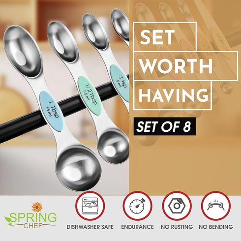 Spring Chef Stainless Steel Magnetic Measuring Spoons Set of 8 with Leveler, Metal Teaspoon & Tablespoon Measuring Spoons for Dry and Liquid Ingredients, Kitchen Gadgets for Baking & Cooking - Pastel by Spring Chef