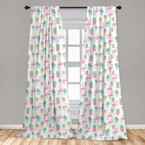 Ambesonne Cactus Window Curtains, Flamingos and Sleeping Plants Cartoon Pattern, 2-Panel Set (28" x 63")
