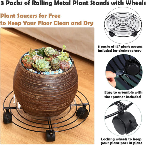 3 Packs 13.8 Inches Large Metal Plant Caddy with Wheels Plant Dolly Heavy Duty Rolling Plant Stand with Casters
