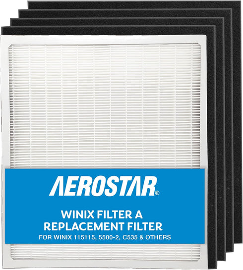 Aerostar HEPA Replacement Air Purifier Filter for Winix Filter A, 115115, 5500-2, C535 & Others, 1 HEPA + 4 Carbon