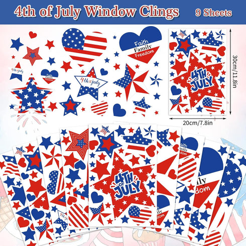 Whaline 9 Sheets 206Pcs 4th of July Window Clings, Patriotic Red Blue White Star Heart Decals