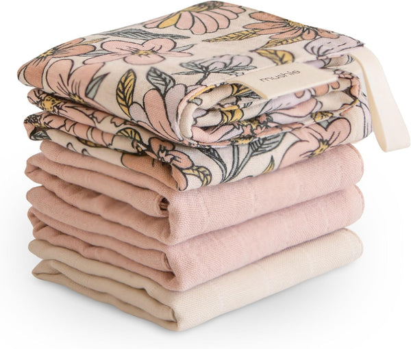 mushie Muslin Organic Cotton Washcloths 5-Pack (Retro Flowers Combo) | Soft Wipes