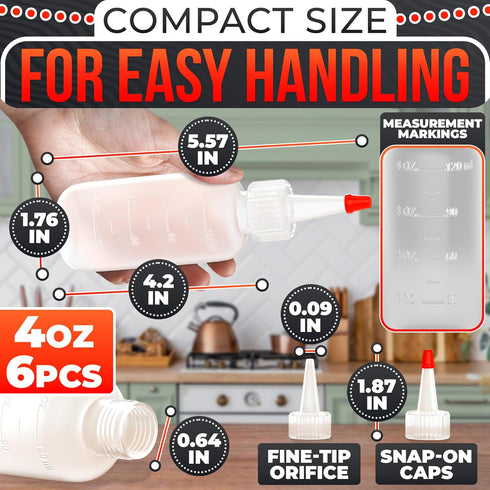 6-Pack 4 oz Set Squeeze Bottles for Liquids with Scale No-Mess Dispensing | Clear Condiment Bottle for Sauces, Oil